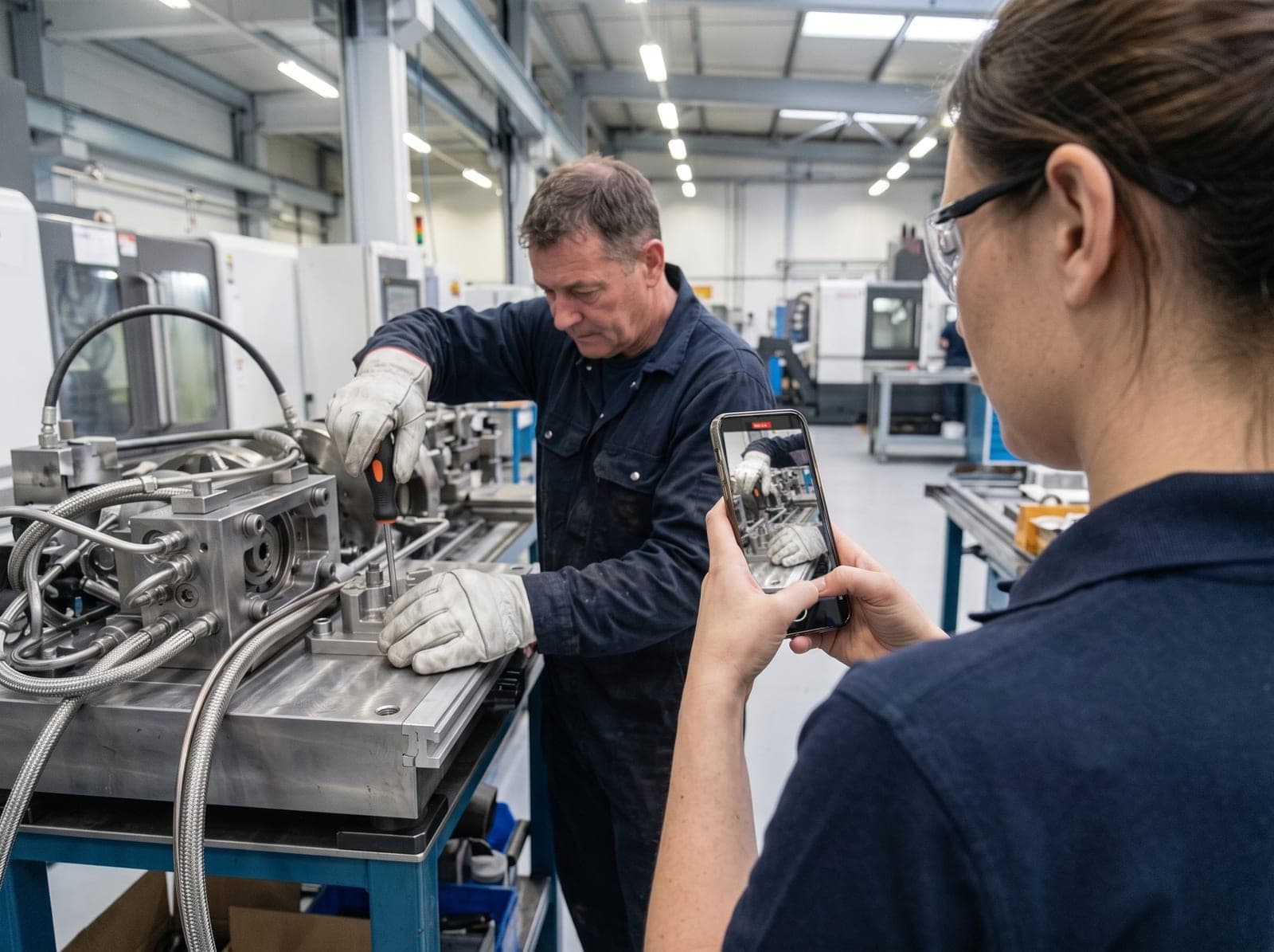 Une employée filme avec son téléphone un technicien qui monte un outillage dans l'atelier