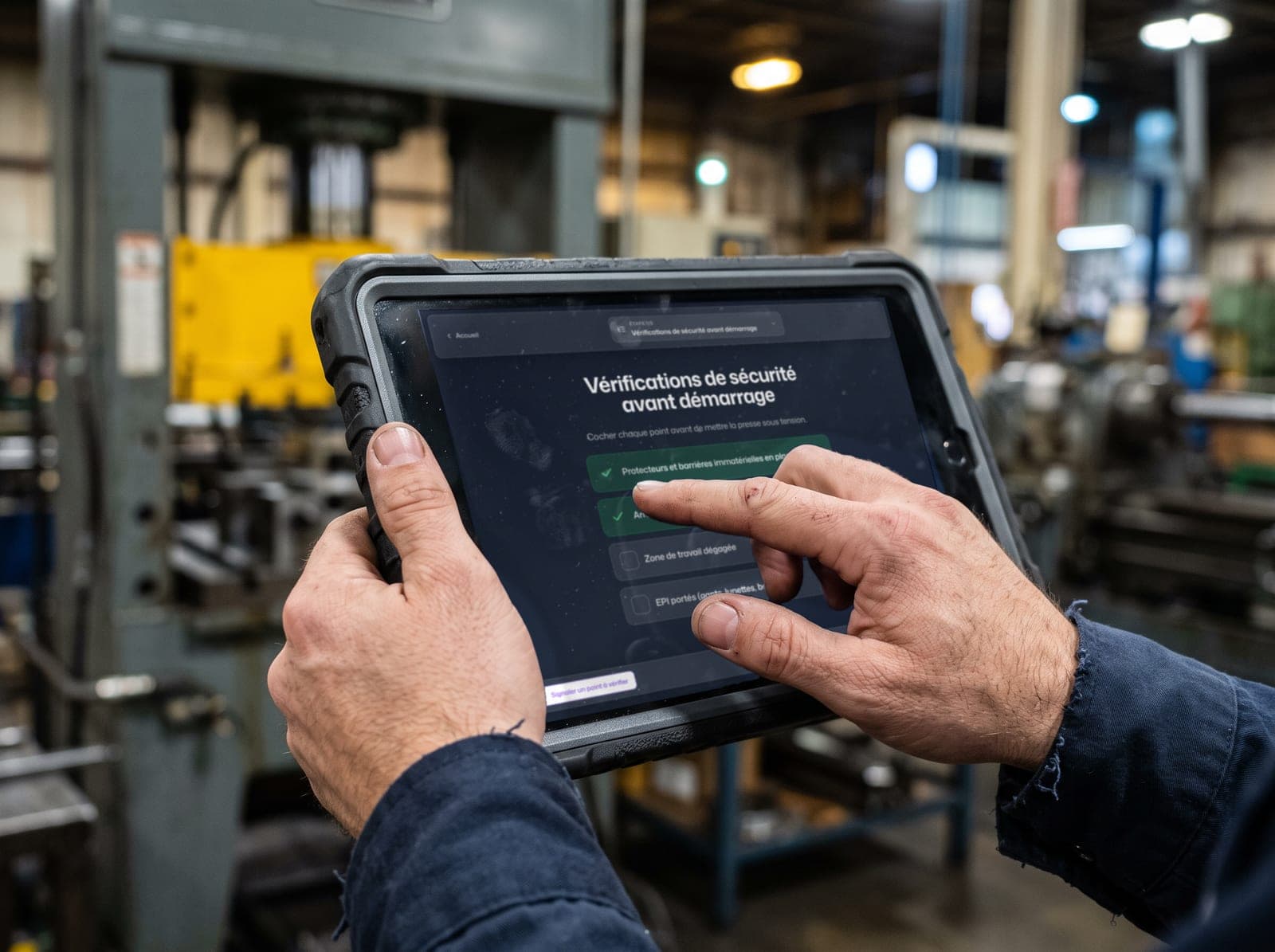 Opérateur qui coche les vérifications de sécurité avant démarrage sur une tablette, devant une presse