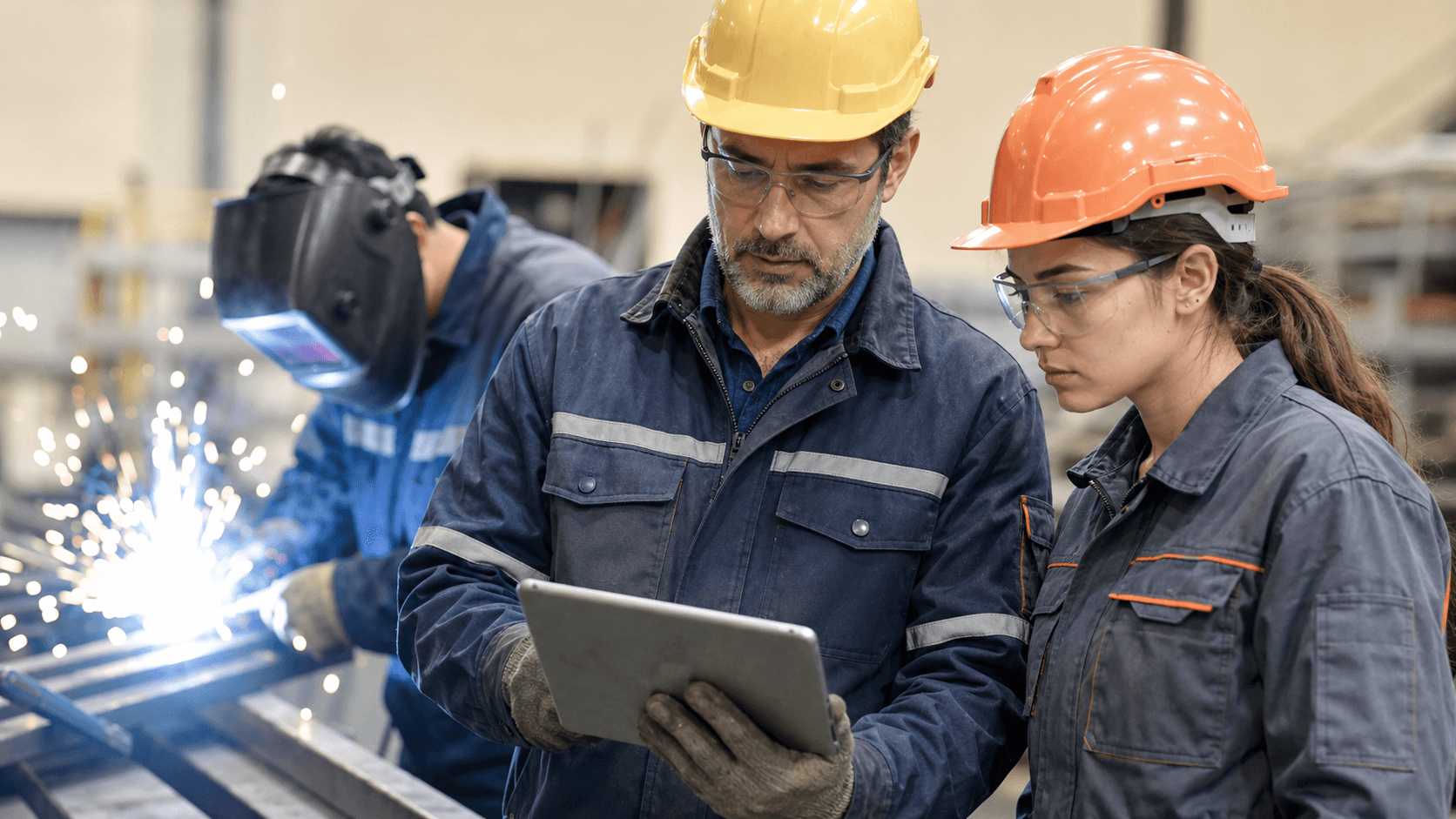 Équipe manufacturière consultant une tablette près d’un poste de soudage